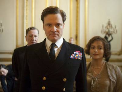 Colin Firth, Geoffrey Rush e Helena Bonham Carter ne Il discorso del Re