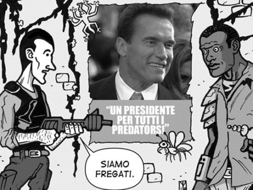 La vignetta di Marco Triolo: Adrien Brody e Laurence Fishburne nel pianeta dei Predators, ma hanno qualcosa di più preoccupante a cui pensare...