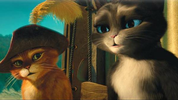 Il gatto con gli stivali Blu-Ray recensione Antonio Banderas - Gatto e Kitty in una scena