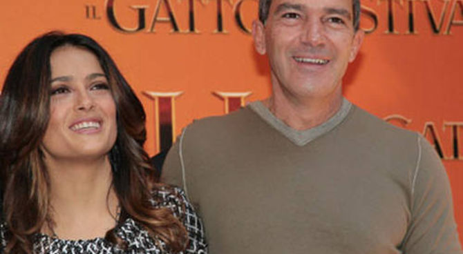Antonio Banderas e Salma Hayek alla premiere de Il Gatto con gli Stivali